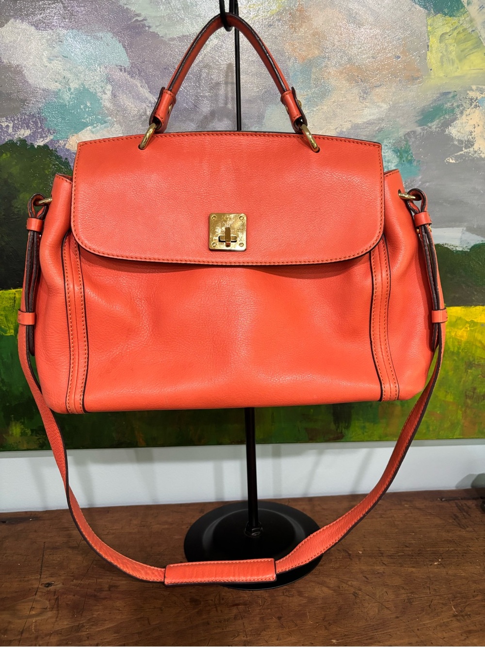 Vintage MCM Coral-Orange Leather Shoulder Satchel with Gold Hardware